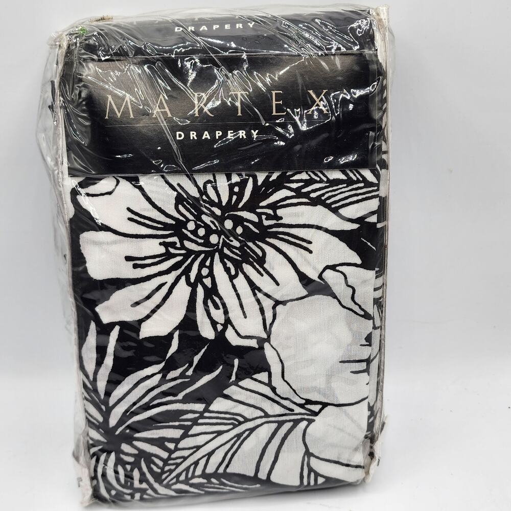 VTG Martex Catalina Black White Floral Rod Pocket Drapes Curtains 84x84 Tiebacks